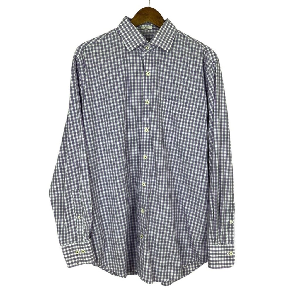 Peter Millar Shirt Mens‎ Large Purple White 100% Cotton Check Button Down Pocket